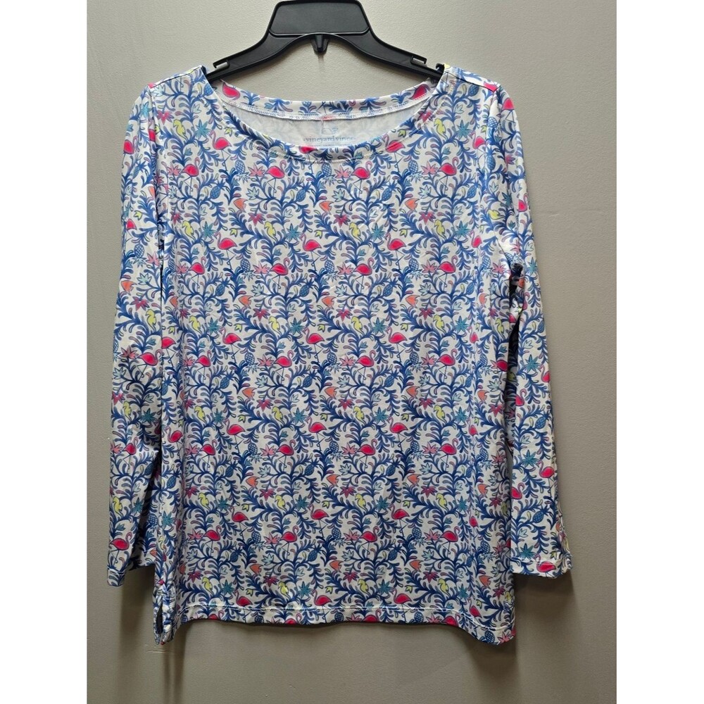 Vineyard Vines Sankaty Boatneck Tee Otomi Blue Flamingo Pineapple Womens Medium
